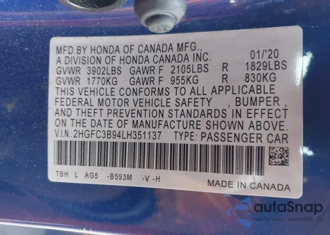 2020 Honda Civic Touring from USA, damaged, VIN 2HGFC3B94LH351137
